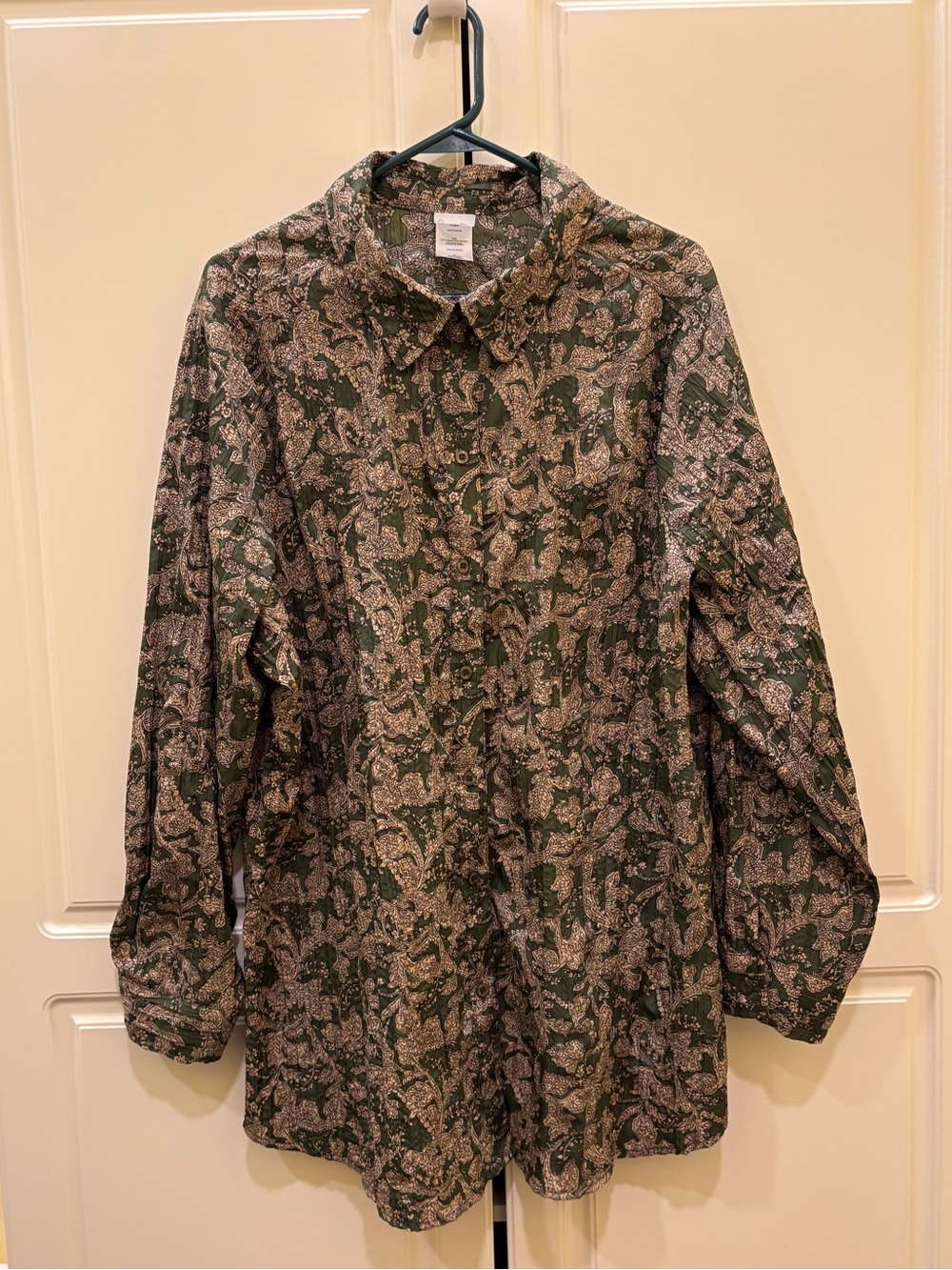 JMS Just My Size Button Up Collared Shirt Sz 3X Green & Tan Long Sleeve Crinkly